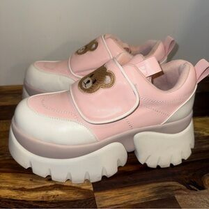 Koi Pink and White Platform Shoes with Bear Design
